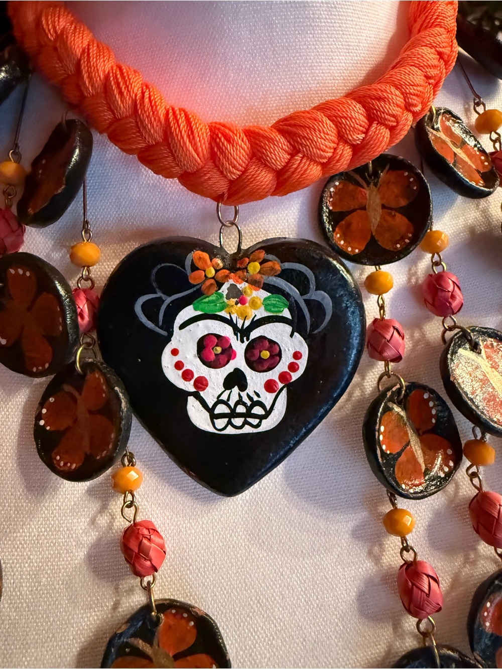 Handcrafted Orange Day of the Dead Heart Statement Necklace - Unbranded - Picture 2 of 3